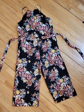 Simons Black Floral Halter Jumpsuit with Burgundy & Yellow Flowers